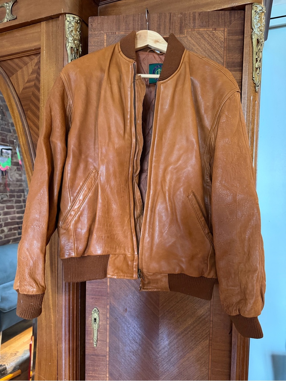 Club Room Rust Quilted Genuine Leather Jacket with Green Logo Patch
